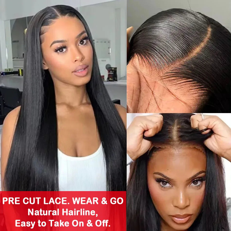 Pelucas de cabello humano liso sin pegamento, precortadas, sin pegamento, para mujeres, peluca brasileña sin pegamento, cabello humano listo para usar, prearrancado al 200 %
