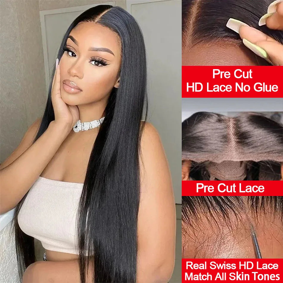 Pelucas de cabello humano liso sin pegamento, precortadas, sin pegamento, para mujeres, peluca brasileña sin pegamento, cabello humano listo para usar, prearrancado al 200 %
