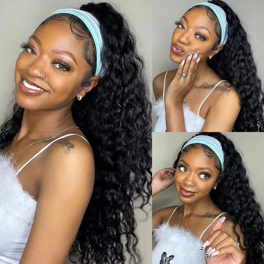 Deep Wave Human Hair Glueless Curly Easy to Wear Go Headband Wig