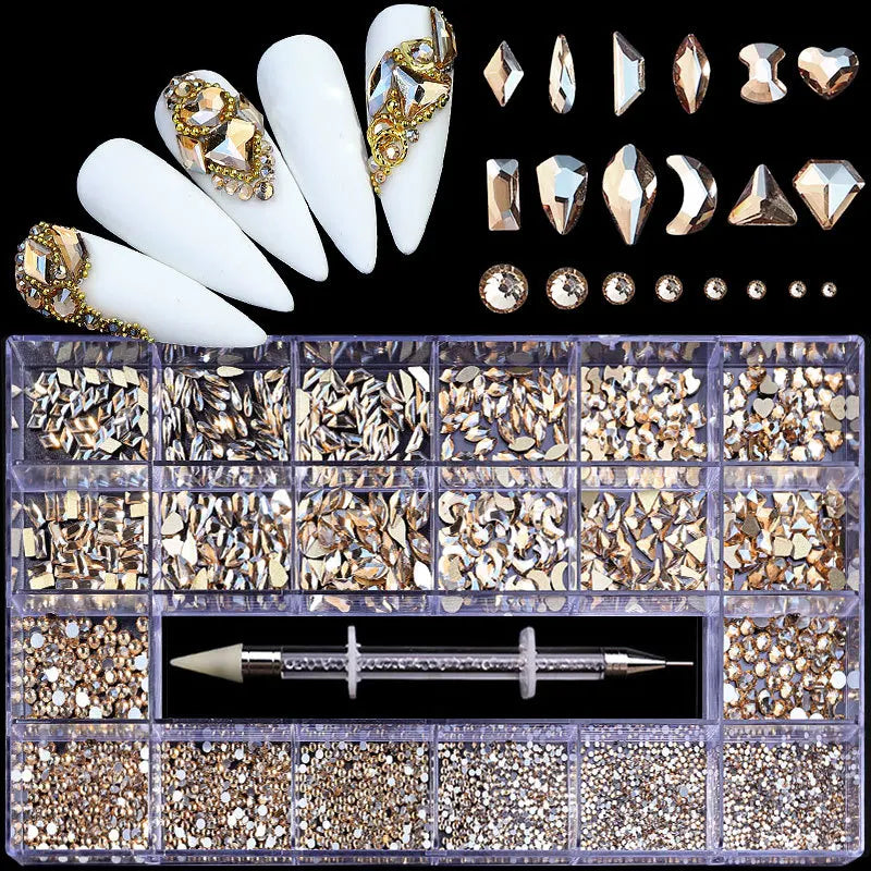 2500pcs Luxury Shiny Diamond Nail Art Rhinestones Crystal Set AB Glass 1pcs Pick Up Pen In Grids Box 21 Shape