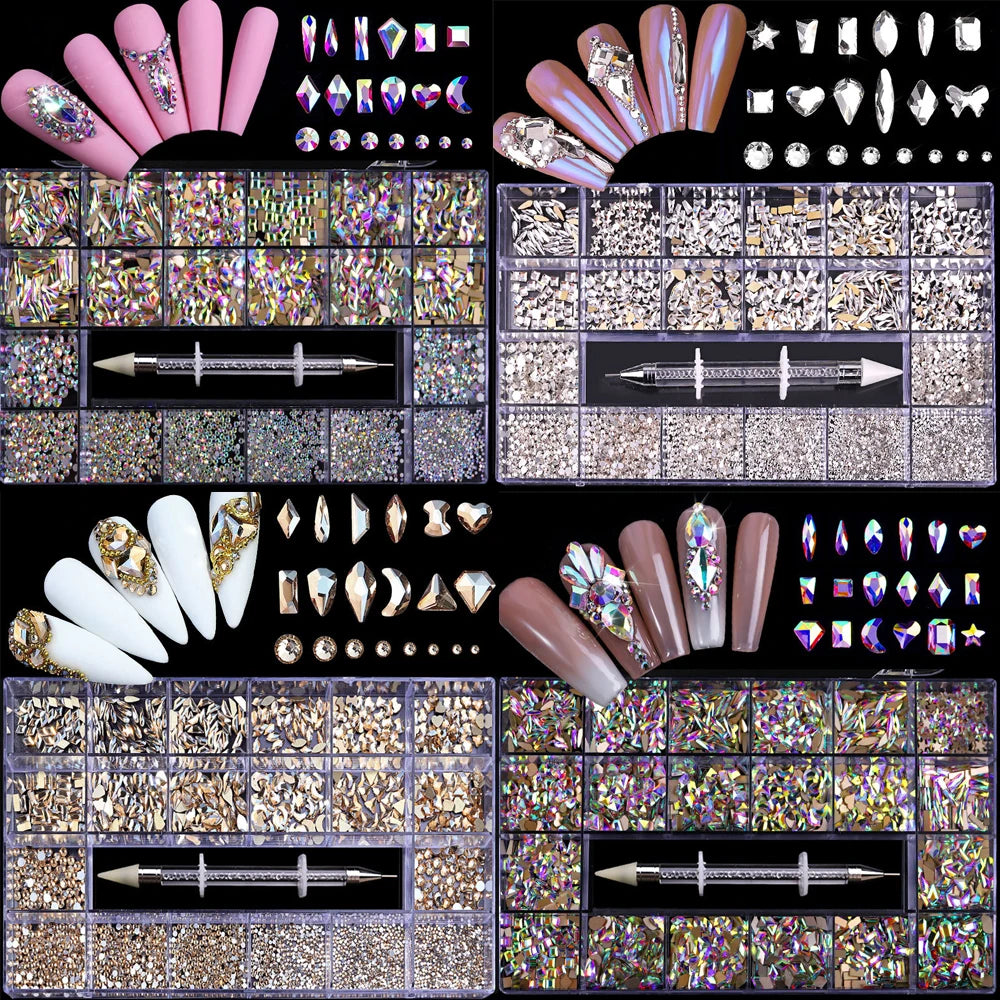 2500pcs Luxury Shiny Diamond Nail Art Rhinestones Crystal Set AB Glass 1pcs Pick Up Pen In Grids Box 21 Shape