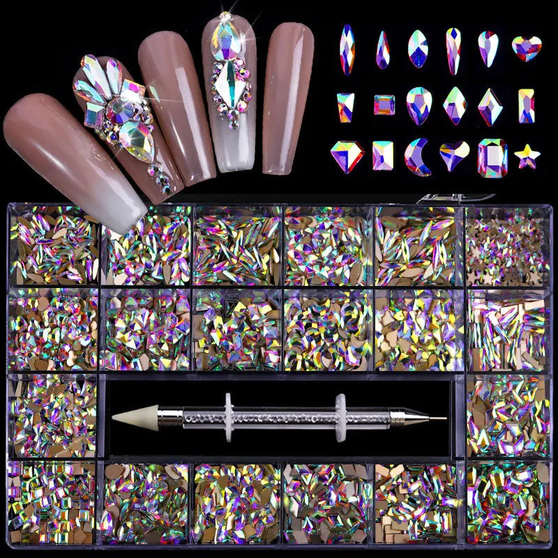 2500pcs Luxury Shiny Diamond Nail Art Rhinestones Crystal Set AB Glass 1pcs Pick Up Pen In Grids Box 21 Shape