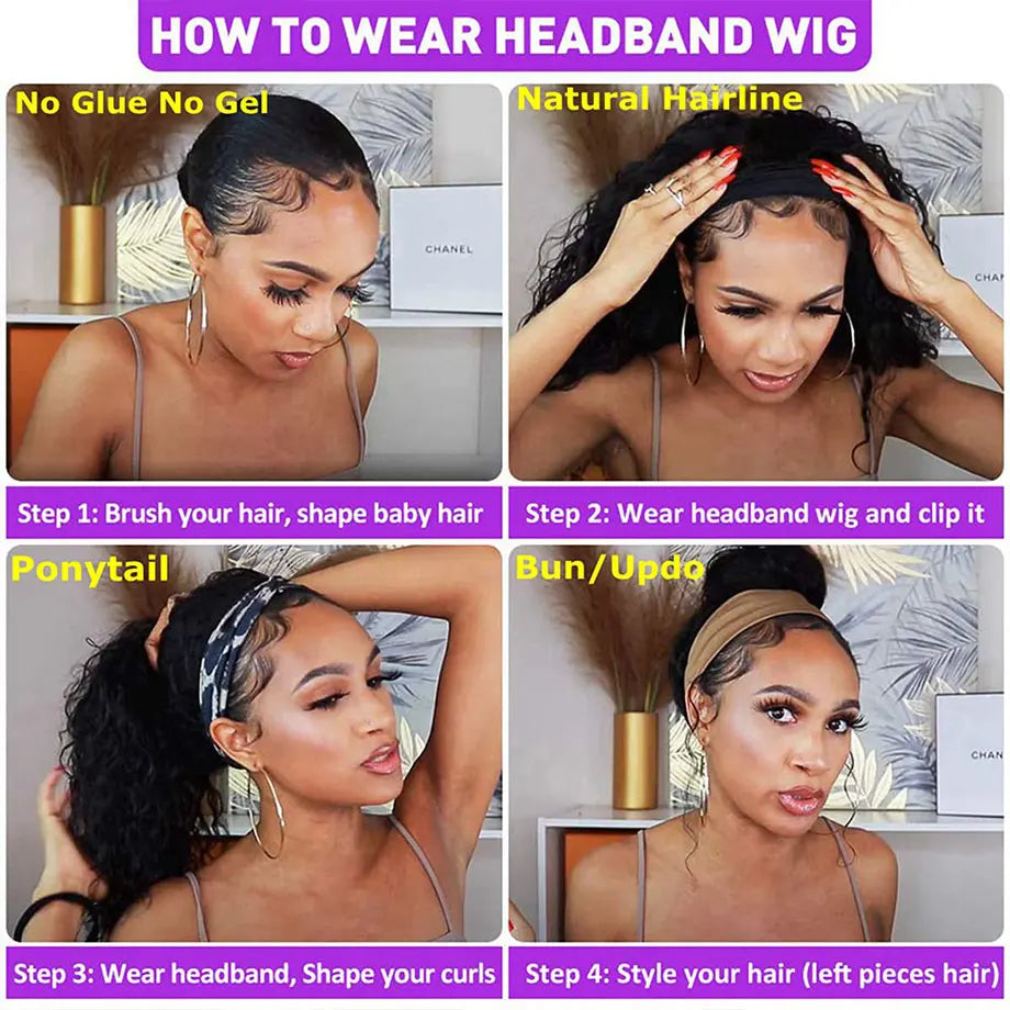 Deep Wave Human Hair Glueless Curly Easy to Wear Go Headband Wig
