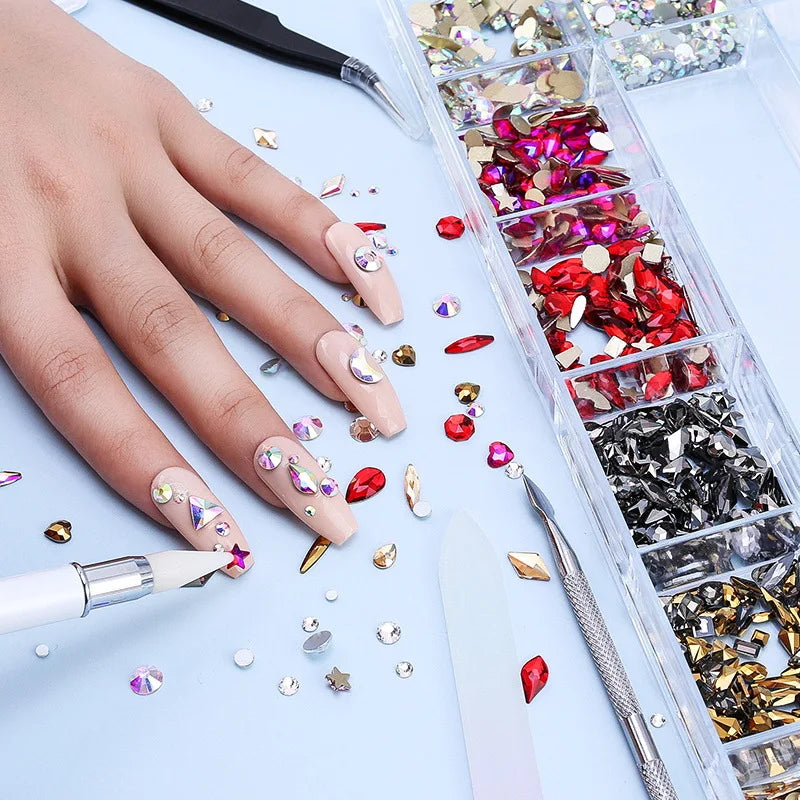 2500pcs Luxury Shiny Diamond Nail Art Rhinestones Crystal Set AB Glass 1pcs Pick Up Pen In Grids Box 21 Shape