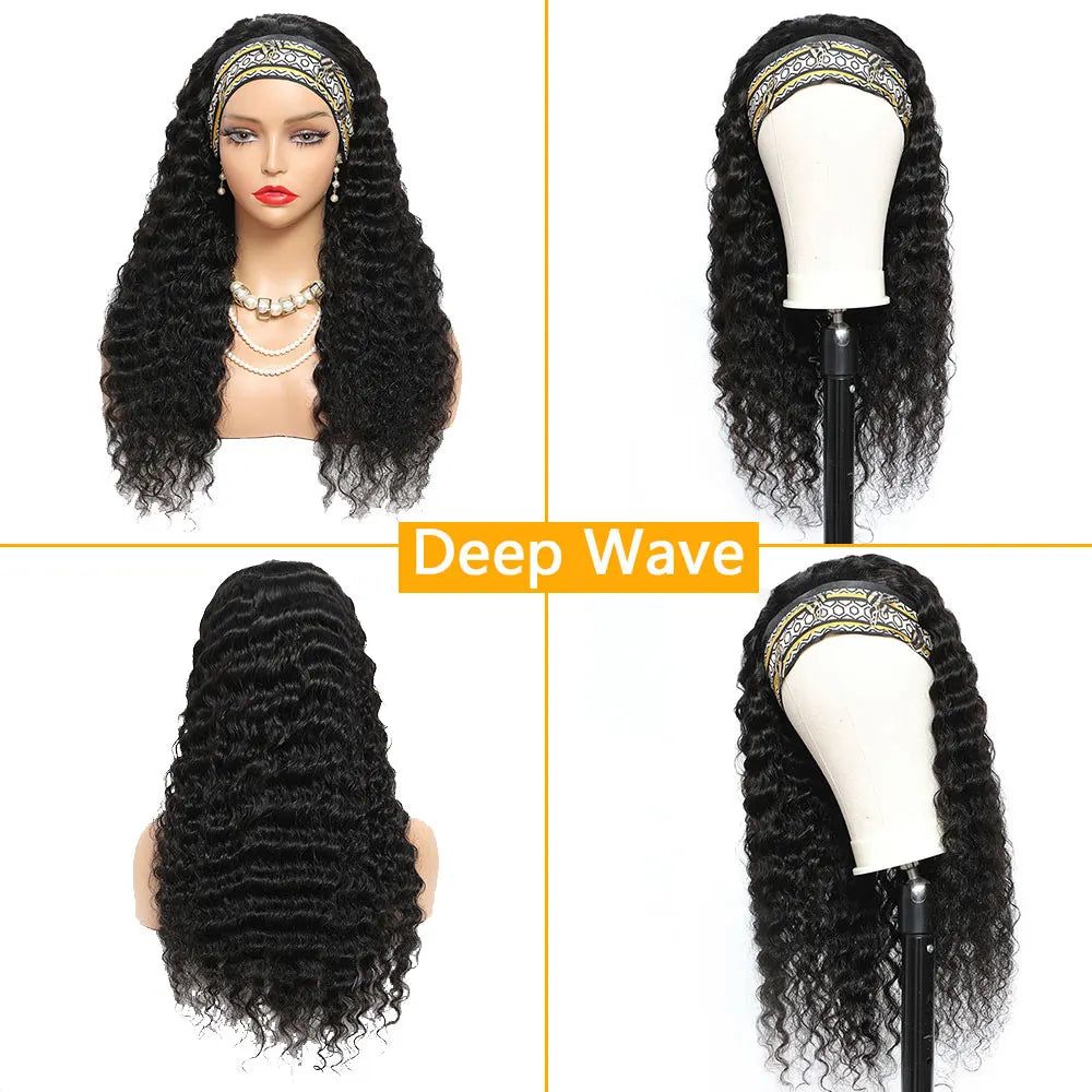 Deep Wave Human Hair Glueless Curly Easy to Wear Go Headband Wig
