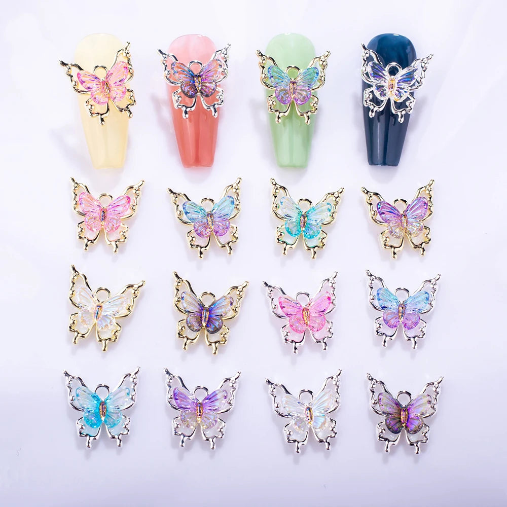 10 piezas de abalorios de mariposa 3D para decoración de uñas, diseño de mariposa radiante y transparente con degradado, accesorios exquisitos para uñas DIY