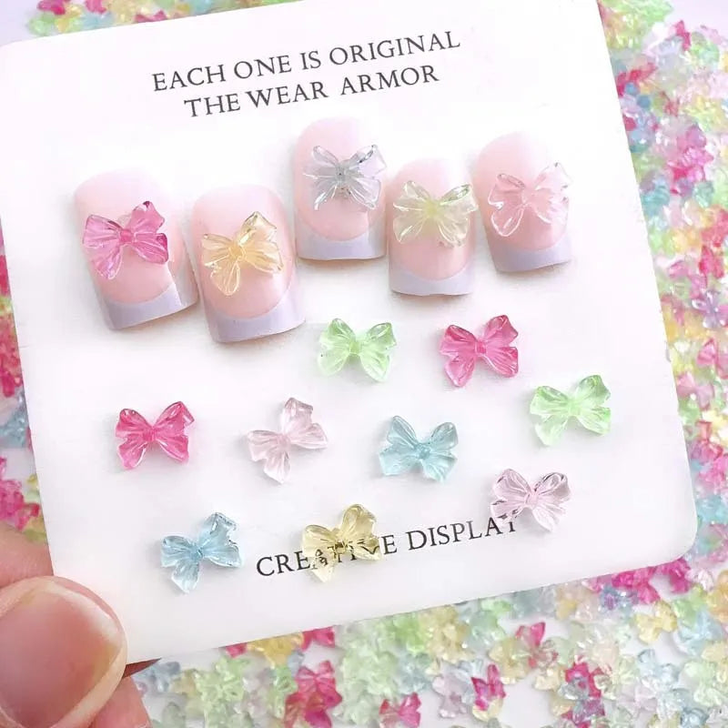 100pcs Cute Resin Bowknot Nail Charms Candy Color Clear Nail Art decoration Accessories Manicure DIY Handmade Crafts