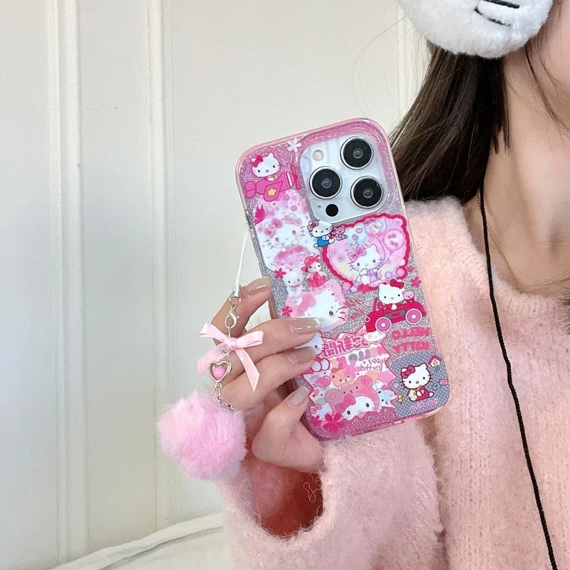 Bonita funda de teléfono con dibujos animados de Sanrio Y2K Hello Kitty con purpurina brillante para iPhone 15, 14, 13, 12, 11 Pro Max, carcasa rígida a prueba de golpes IMD