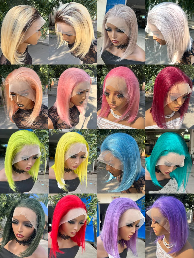 Pelucas frontales de encaje recto y corto de color Bob con encaje transparente pre-arrancado