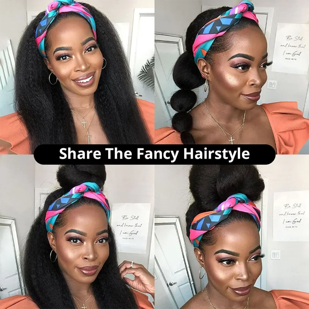 Perruques bandeau crépues et lisses en cheveux humains Remy prêtes à porter Yaki