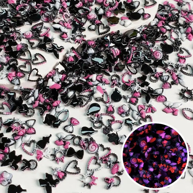 Lot de 50 breloques pour nail art 3D à dos plat, mélange aléatoire, motif fleur lumineuse, cœur, lapin, papillon, décorations pour ongles en acrylique