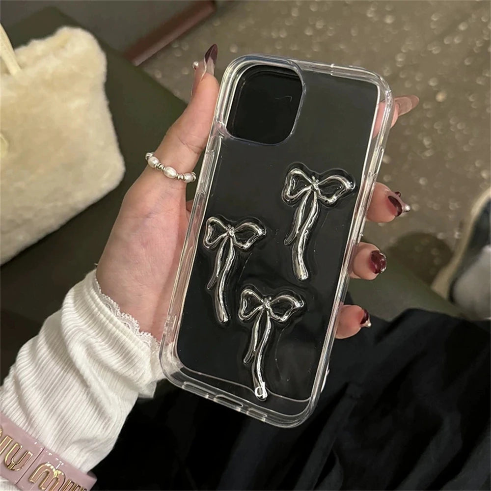 Coque de téléphone élégante en métal 3D avec nœud papillon pour iPhone 16 15 14 13 12 11 Pro Max Mini XR 7 8 Plus SE Coque transparente en époxy
