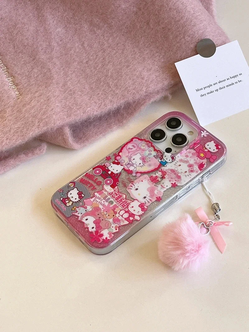Bonita funda de teléfono con dibujos animados de Sanrio Y2K Hello Kitty con purpurina brillante para iPhone 15, 14, 13, 12, 11 Pro Max, carcasa rígida a prueba de golpes IMD