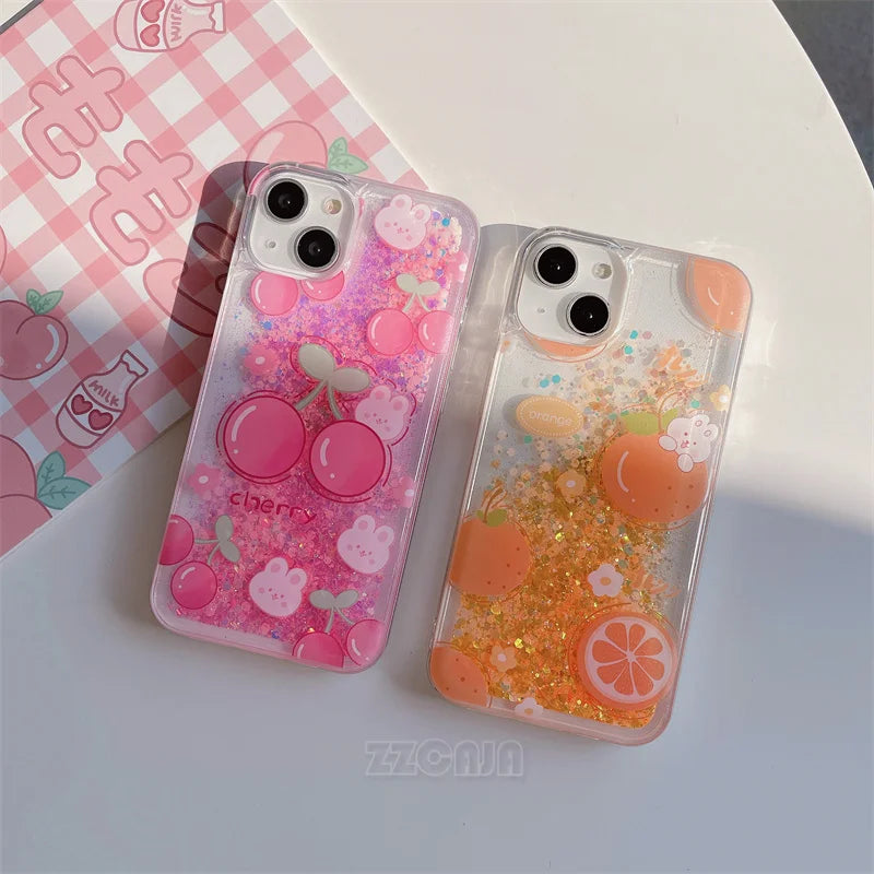 Funda luminosa rosa cereza dorada y naranja para iPhone 11 12 13 Pro Max 14+ 15 Plus, carcasa con purpurina brillante, arena movediza líquida, carcasas transparentes