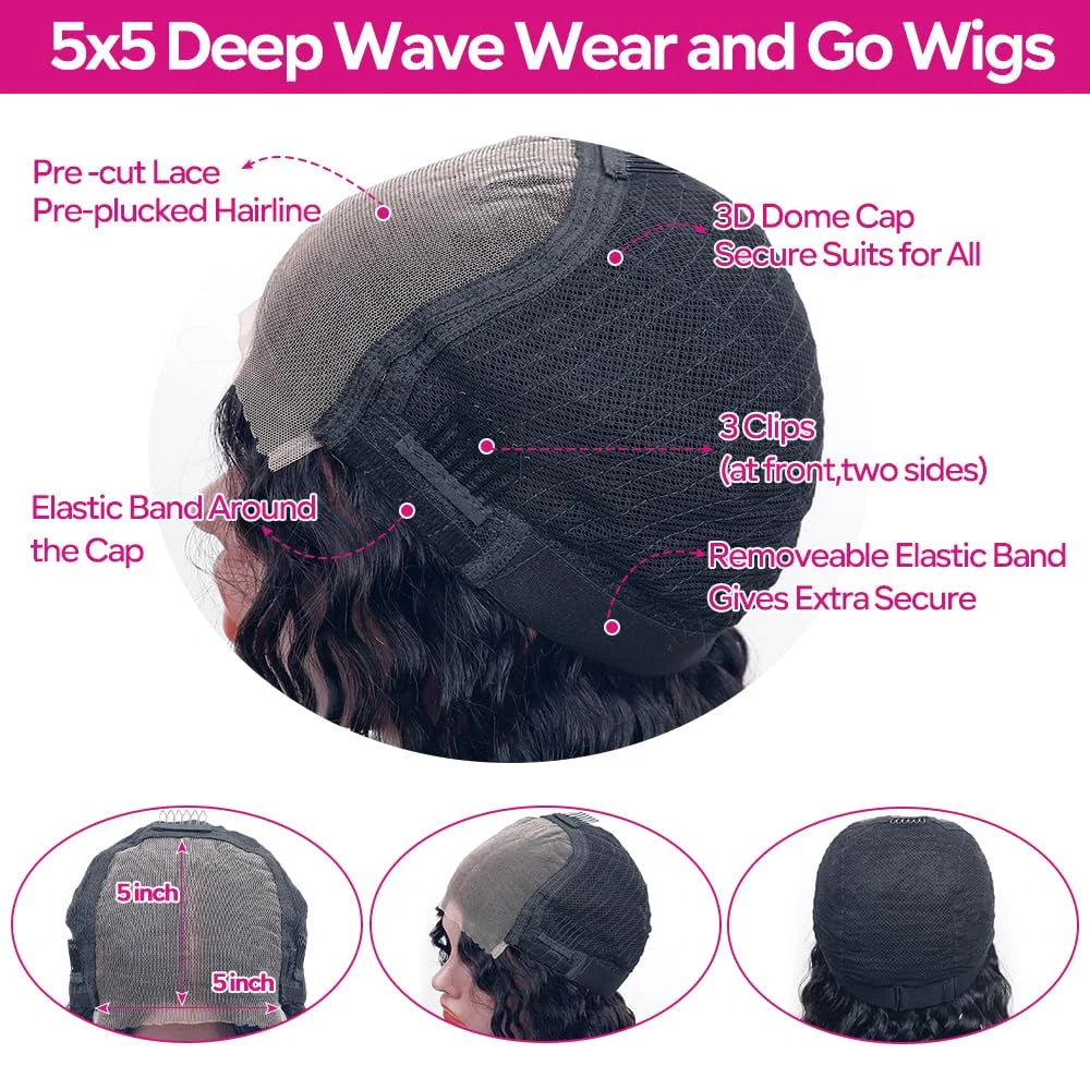 Deep Wave Glueless Wig Human Hair Ready To Wear And Go PrePlucked For Women Precut 13x6 Frontal