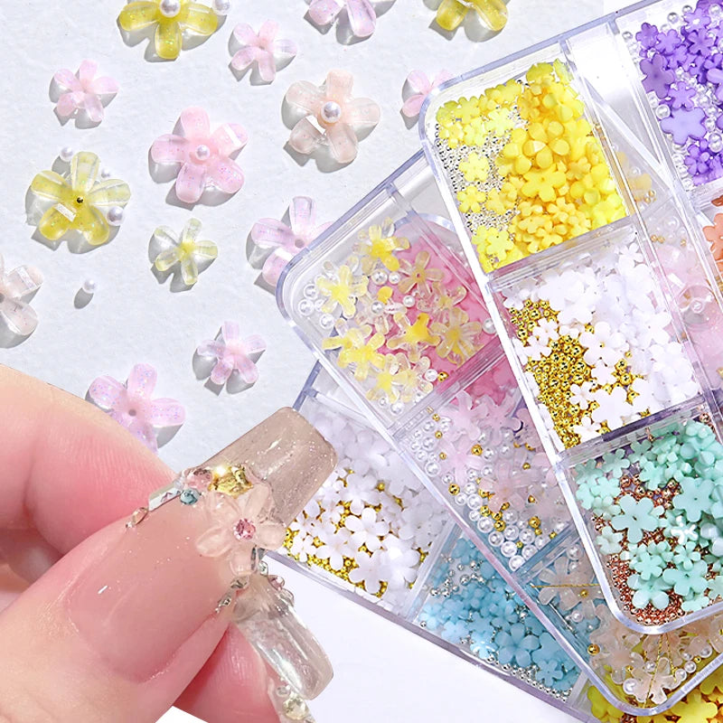 6 grilles de décorations d'ongles en acrylique en forme de fleur 3D, breloques en résine, perles dorées, perles de caviar, strass mélangés, accessoires de manucure