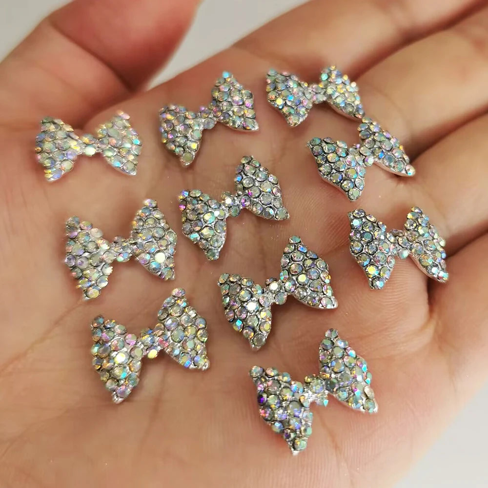 10Pcs Full Glitter Diamond Bow 3D Nail Charms 13*17MM Clear/AB Crystal Bow Rhinestone DecorChristams Kawaii Bow Manicure Parts