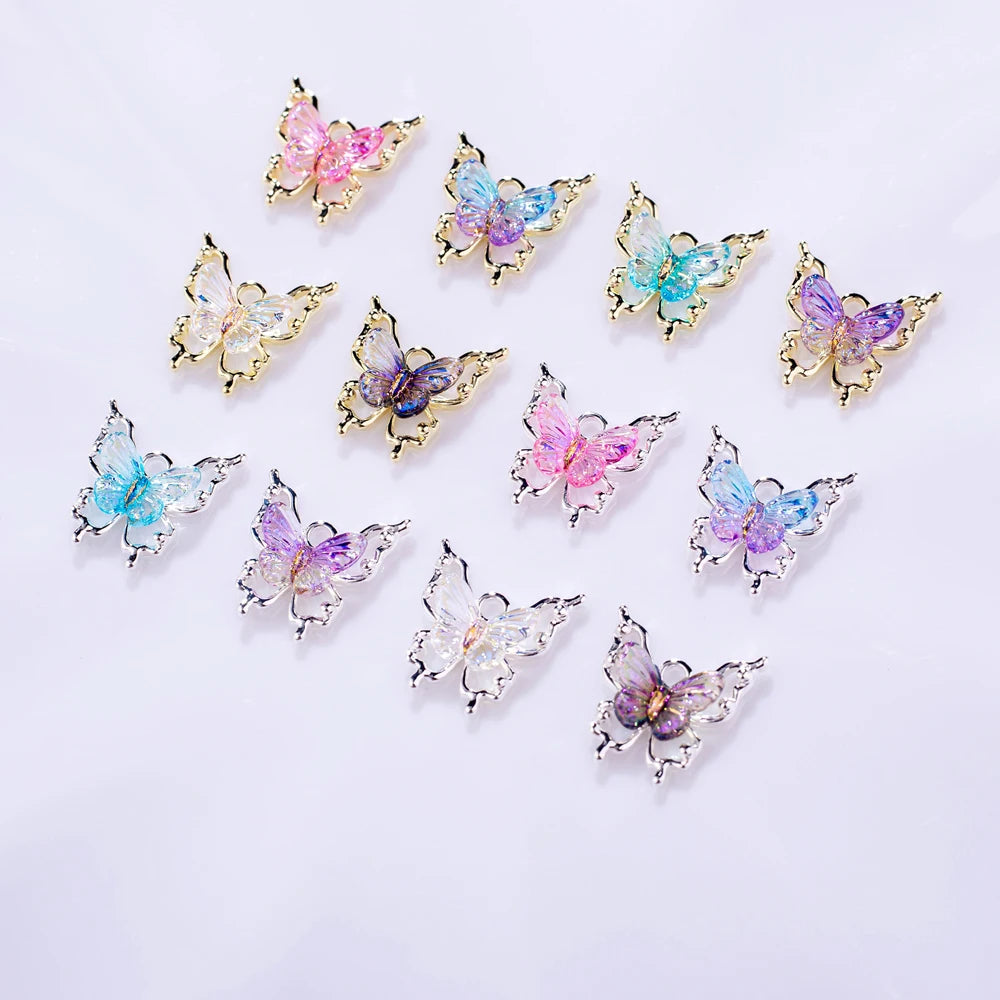 10 piezas de abalorios de mariposa 3D para decoración de uñas, diseño de mariposa radiante y transparente con degradado, accesorios exquisitos para uñas DIY