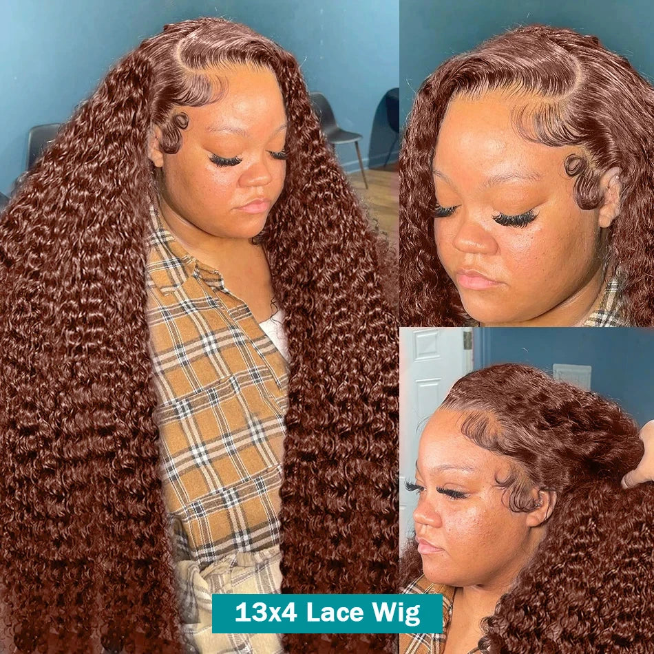 Perruques de cheveux humains bouclés 250 % HD brun rougeâtre ondulés profonds brun rougeâtre