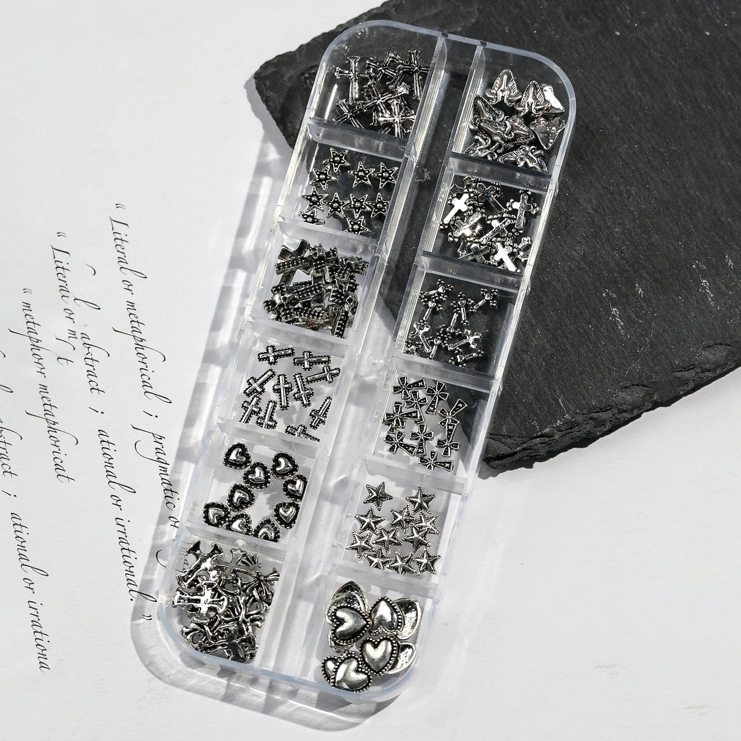 12 Grids Vintage Cross Shaped Zinc Alloy Jewelry Nails Supplies Heart&Star Shaped Metal y2k Nail Art Decoration For Women Girls