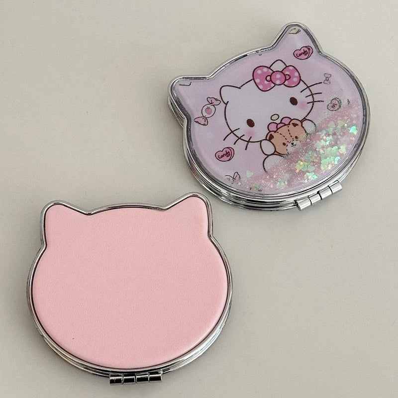 Miroir de maquillage double face Kawaii Hello Kitty portable à paillettes et sables mouvants pour fille de dessin animé, cadeau de poche, miroir de maquillage double face