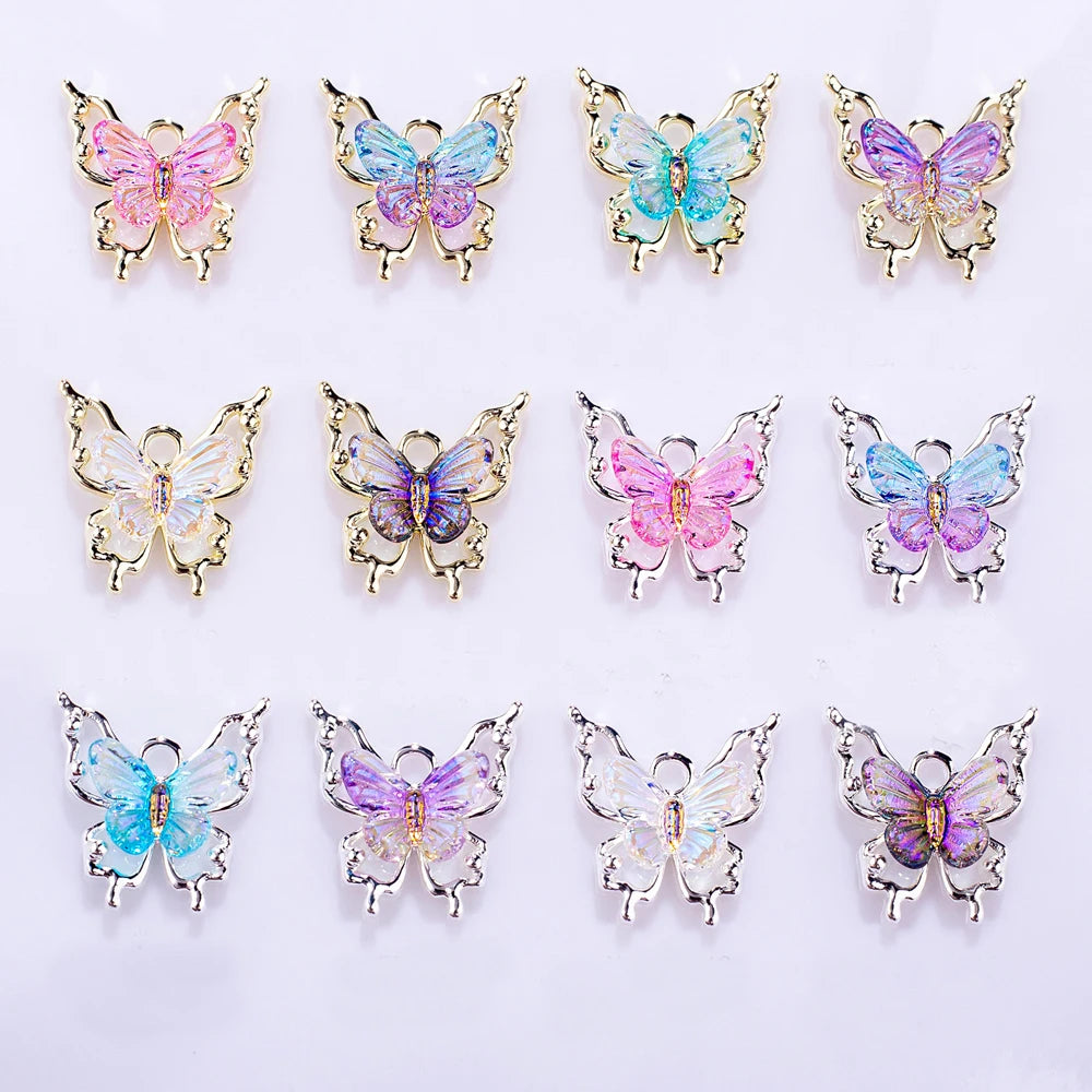 10 piezas de abalorios de mariposa 3D para decoración de uñas, diseño de mariposa radiante y transparente con degradado, accesorios exquisitos para uñas DIY