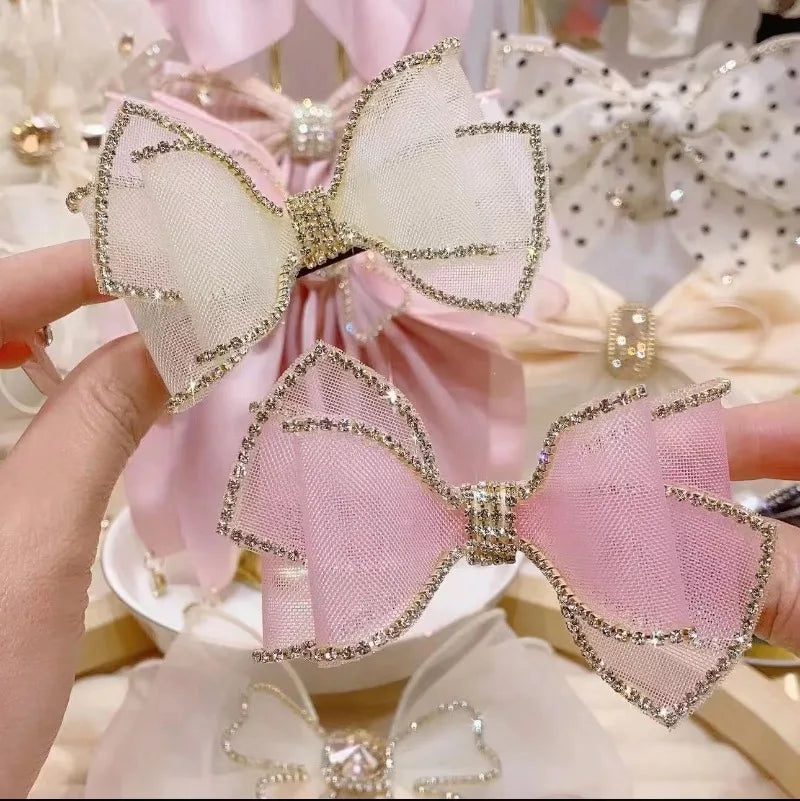 Korean Mesh Bow Rhinestone Hair Clips for Women Girls Elegant Hairpins Temperament Ponytail Clip Headdress Hair Accessories