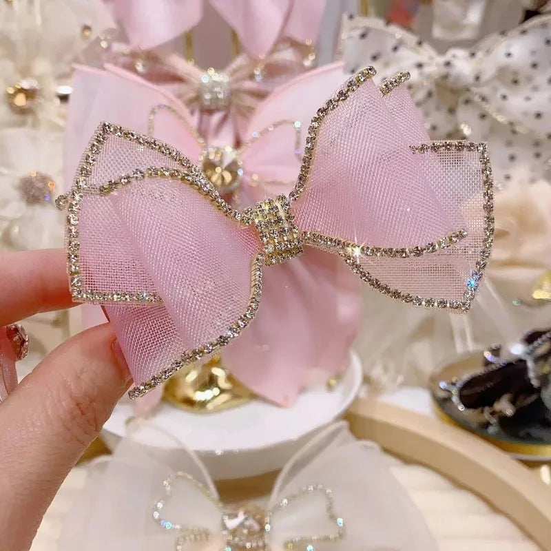 Korean Mesh Bow Rhinestone Hair Clips for Women Girls Elegant Hairpins Temperament Ponytail Clip Headdress Hair Accessories