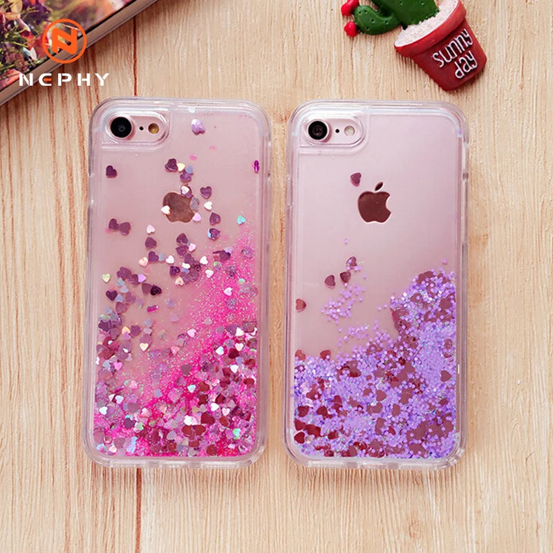 Love Heart Glitter Case For iphone 15 14 13 12 11 Pro Max X XR XS MAX 7 8 Plus SE 2 Coque Liquid Quicksand Bling Sequins Cover