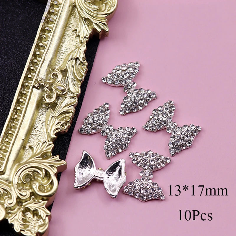 10Pcs Full Glitter Diamond Bow 3D Nail Charms 13*17MM Clear/AB Crystal Bow Rhinestone DecorChristams Kawaii Bow Manicure Parts