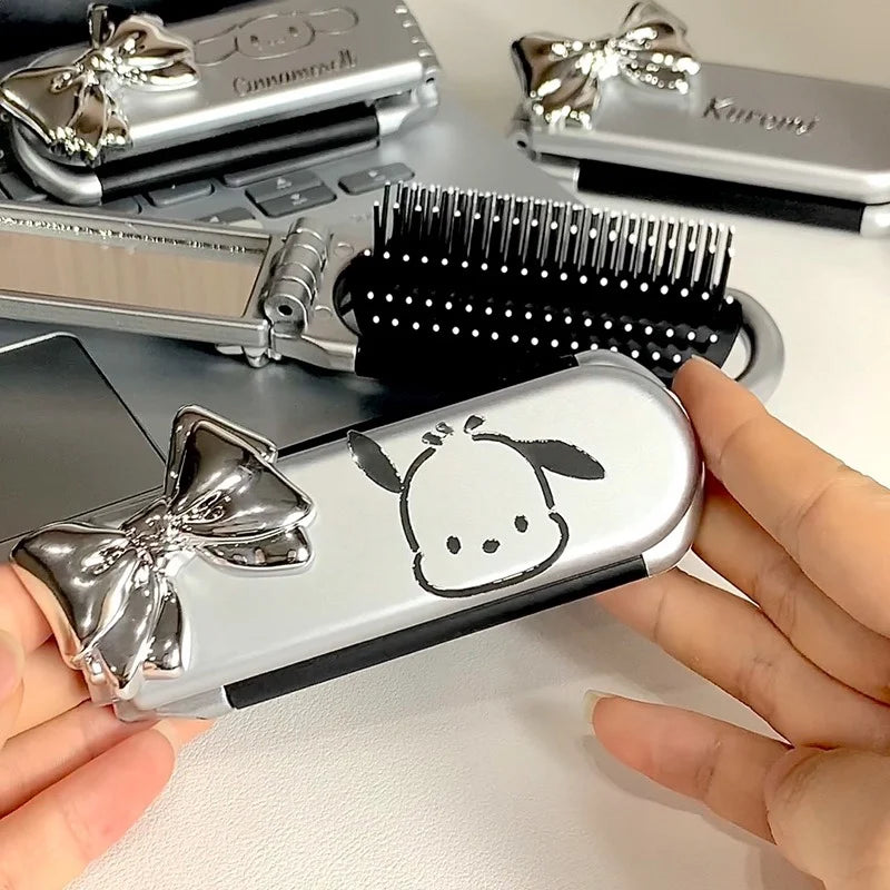 Peine plegable para el cabello de Sanrio Hello Kitty con espejo, peine pequeño portátil de viaje con diseño de anime My Melody Cinnamoroll