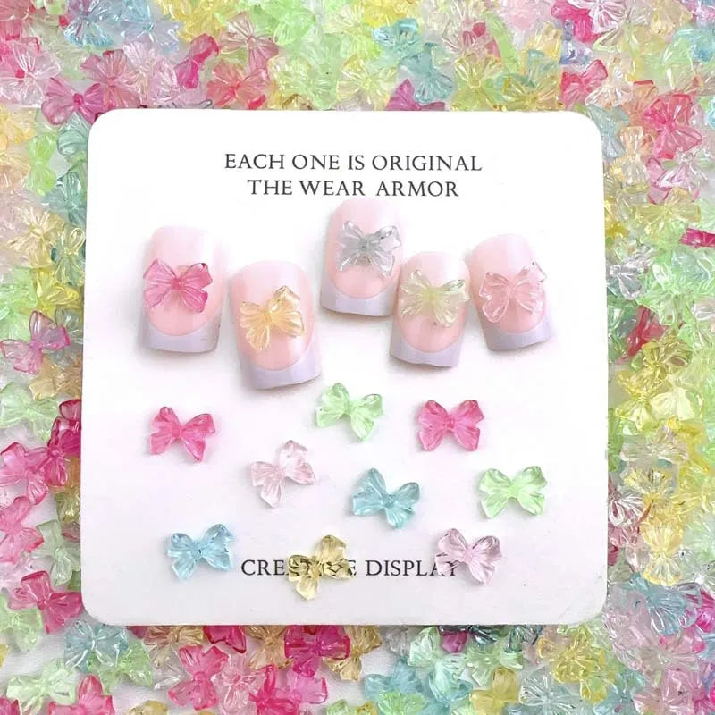 100pcs Cute Resin Bowknot Nail Charms Candy Color Clear Nail Art decoration Accessories Manicure DIY Handmade Crafts