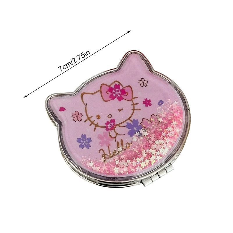 Miroir de maquillage double face Kawaii Hello Kitty portable à paillettes et sables mouvants pour fille de dessin animé, cadeau de poche, miroir de maquillage double face