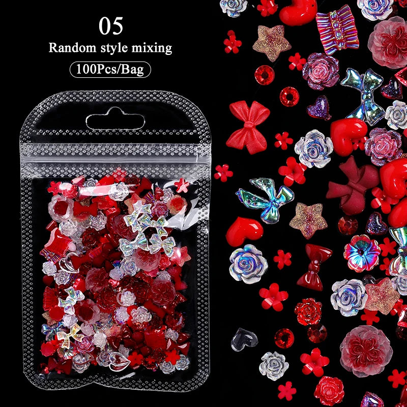 1Bag Mixed Colorful Jelly Ribbon Bowknot Nail Art Charm 3D Transparent Candy Colorful Nail Decoration DIY Nail Parts