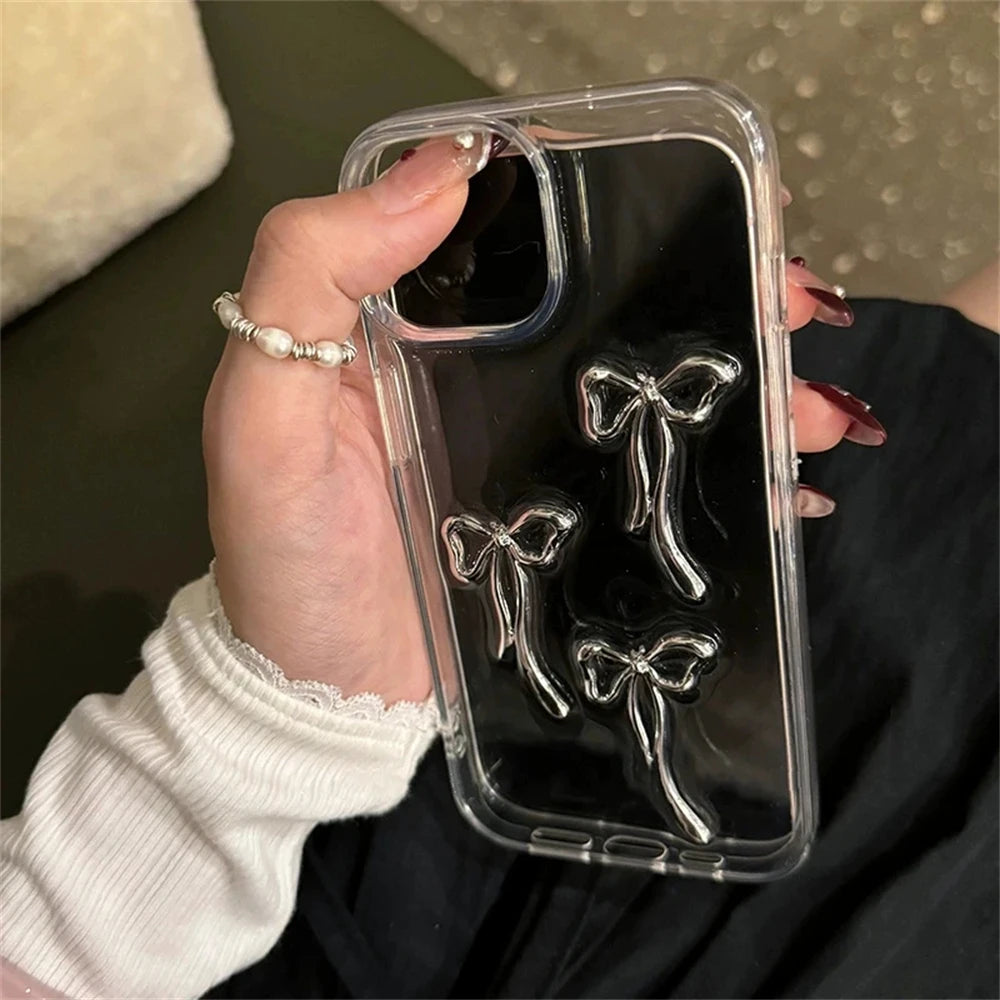 Coque de téléphone élégante en métal 3D avec nœud papillon pour iPhone 16 15 14 13 12 11 Pro Max Mini XR 7 8 Plus SE Coque transparente en époxy