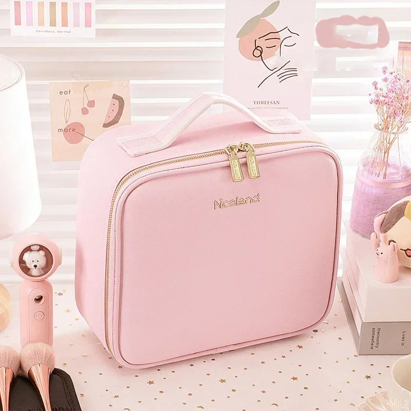 Makeup Train Case with 3 Color Adjustable Brightness LED Mirror Cosmetic Travel Case Adjustable Dividers Toiletry Bag for Lady