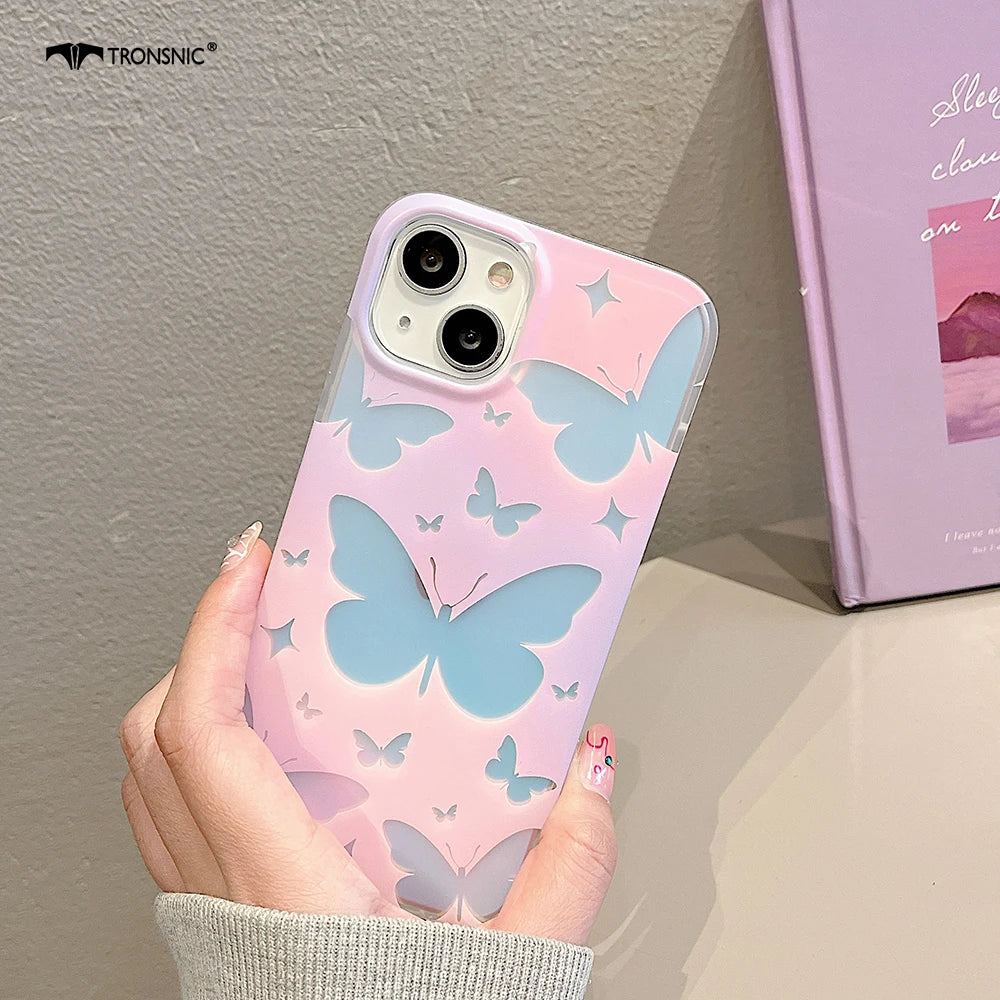 Ins Luxury Laser Butterfly Phone Case for iPhone 14 13 12 11 Pro Max Soft Silicone Clear Gradient Girls Glossy Pink Covers Funda