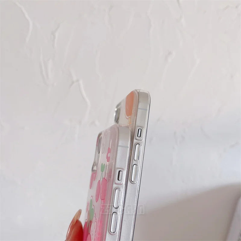 Funda luminosa rosa cereza dorada y naranja para iPhone 11 12 13 Pro Max 14+ 15 Plus, carcasa con purpurina brillante, arena movediza líquida, carcasas transparentes