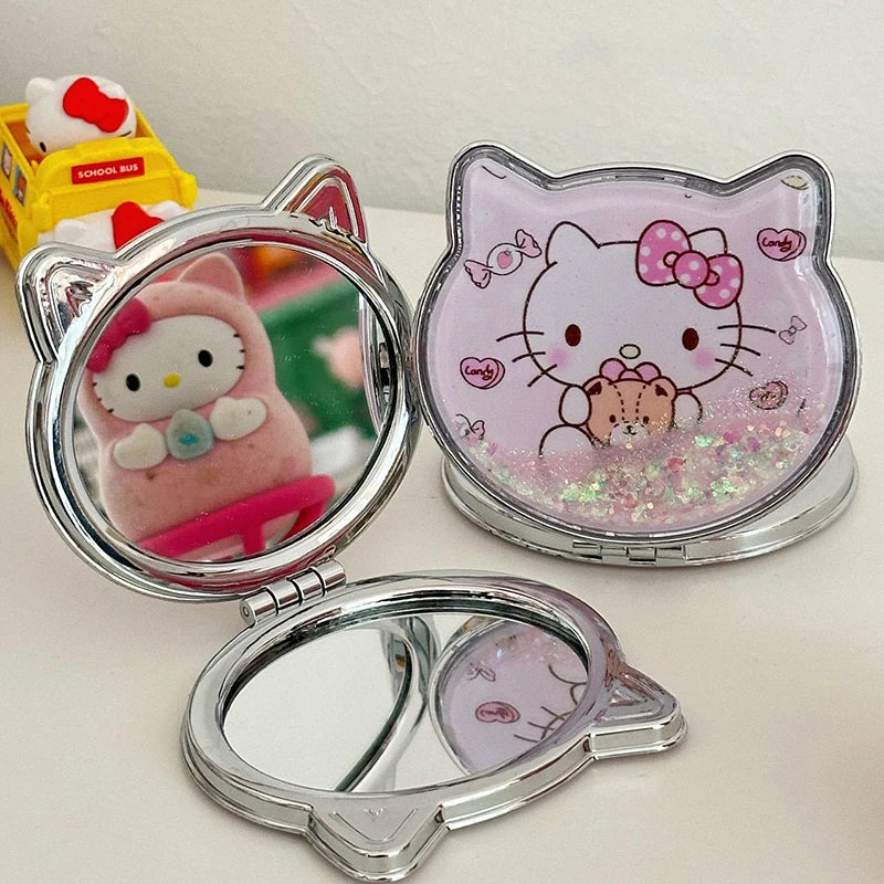 Miroir de maquillage double face Kawaii Hello Kitty portable à paillettes et sables mouvants pour fille de dessin animé, cadeau de poche, miroir de maquillage double face