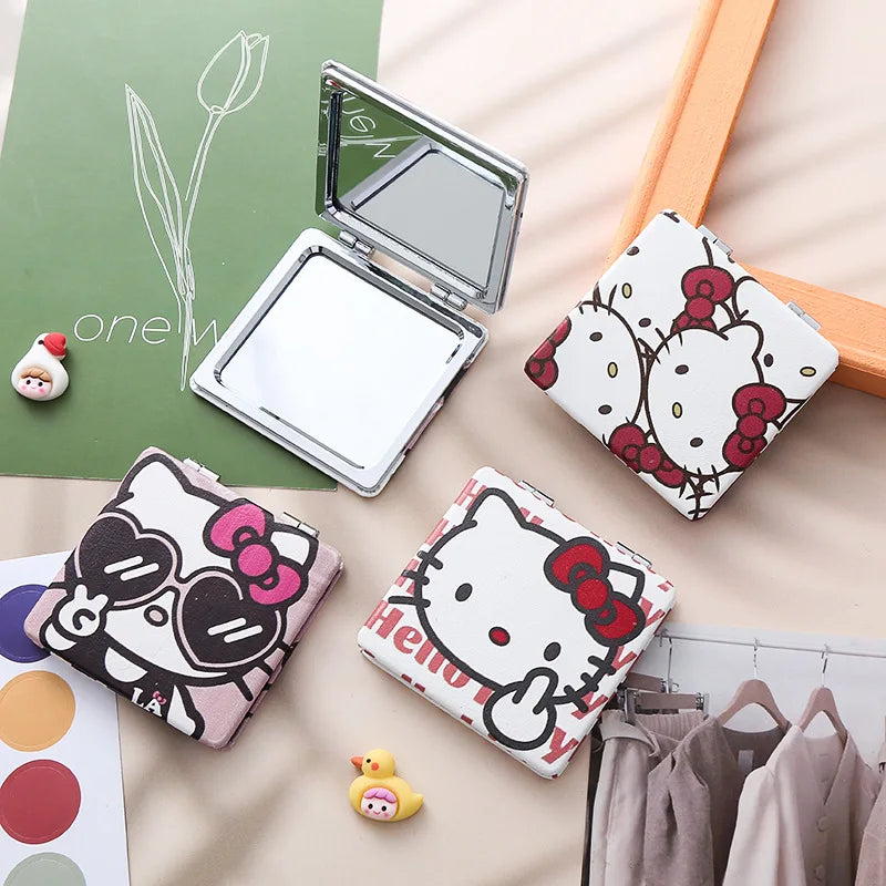 Sanrio Hello Kitty Cartoon Double-Sided Mirror Pu Leather Surface Portable Makeup Folding Mini Mirror A Holiday Gift for Girls