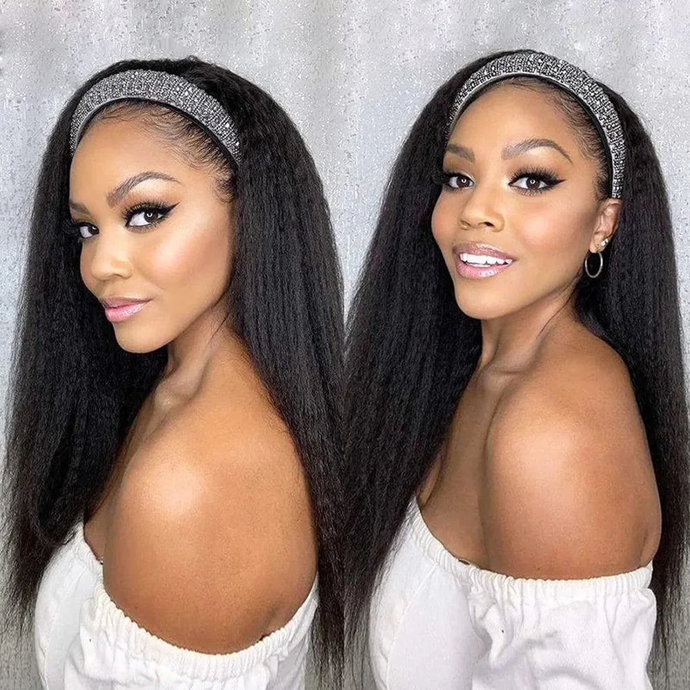 Perruques bandeau crépues et lisses en cheveux humains Remy prêtes à porter Yaki