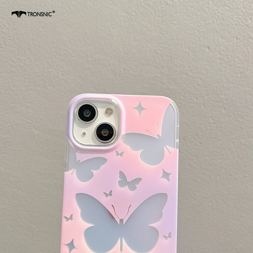Ins Luxury Laser Butterfly Phone Case for iPhone 14 13 12 11 Pro Max Soft Silicone Clear Gradient Girls Glossy Pink Covers Funda