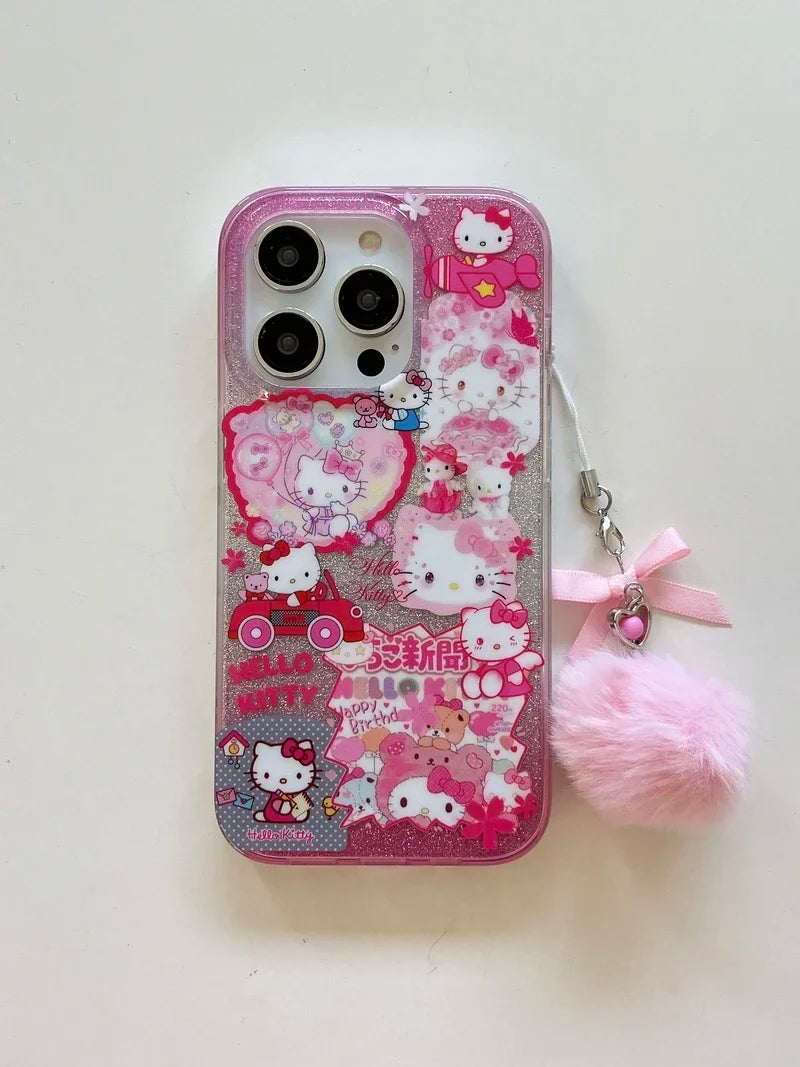 Bonita funda de teléfono con dibujos animados de Sanrio Y2K Hello Kitty con purpurina brillante para iPhone 15, 14, 13, 12, 11 Pro Max, carcasa rígida a prueba de golpes IMD