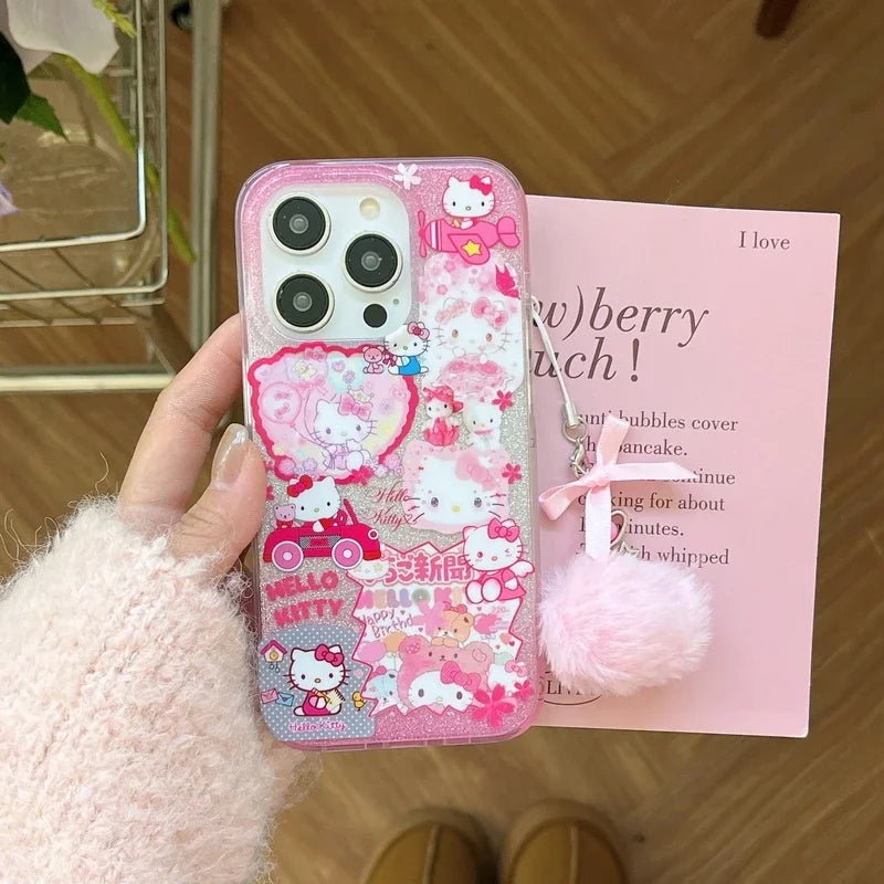 Bonita funda de teléfono con dibujos animados de Sanrio Y2K Hello Kitty con purpurina brillante para iPhone 15, 14, 13, 12, 11 Pro Max, carcasa rígida a prueba de golpes IMD