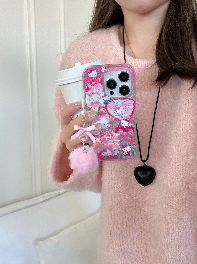 Bonita funda de teléfono con dibujos animados de Sanrio Y2K Hello Kitty con purpurina brillante para iPhone 15, 14, 13, 12, 11 Pro Max, carcasa rígida a prueba de golpes IMD