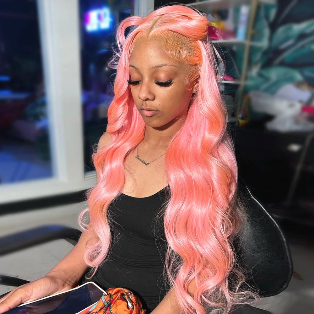 Light Pink Lace Front Wig Human Hair Wigs Body WAVE