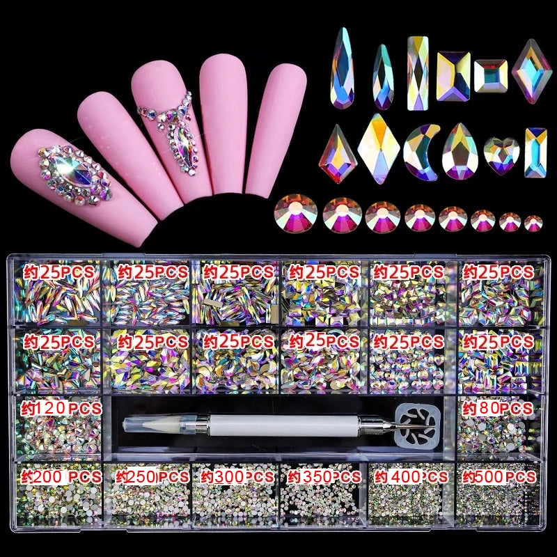 2500pcs Luxury Shiny Diamond Nail Art Rhinestones Crystal Set AB Glass 1pcs Pick Up Pen In Grids Box 21 Shape