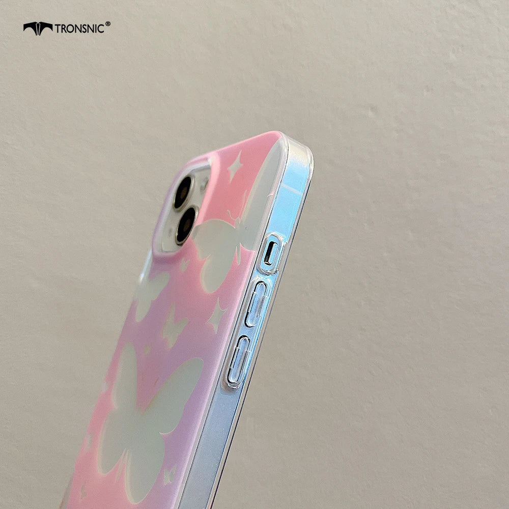 Ins Luxury Laser Butterfly Phone Case for iPhone 14 13 12 11 Pro Max Soft Silicone Clear Gradient Girls Glossy Pink Covers Funda
