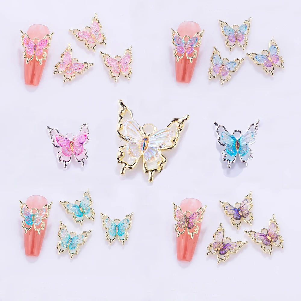 10 piezas de abalorios de mariposa 3D para decoración de uñas, diseño de mariposa radiante y transparente con degradado, accesorios exquisitos para uñas DIY