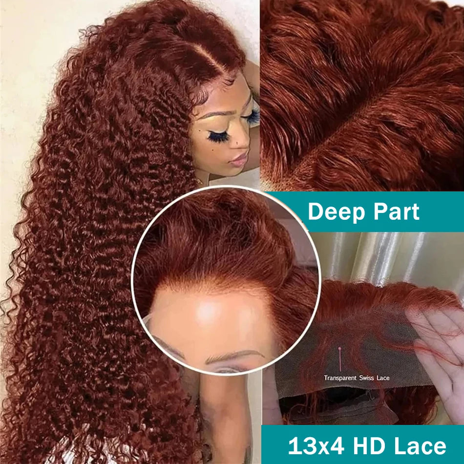 Perruques de cheveux humains bouclés 250 % HD brun rougeâtre ondulés profonds brun rougeâtre